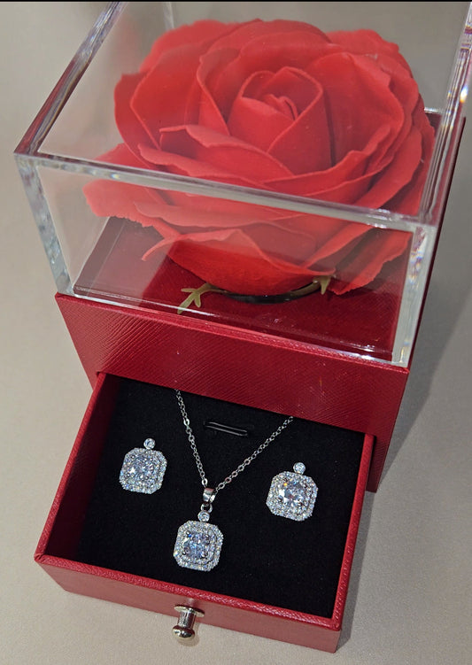 Rose Jewelry Box with Silver Jewelry Set